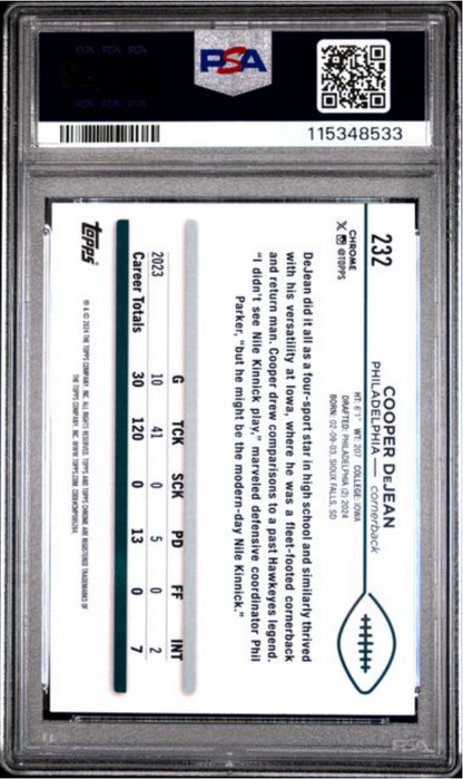 Graded 2024 Topps Chrome Cooper DeJean #232 Green Geometric /99 Rookie RC Football Card PSA 10 Gem Mint