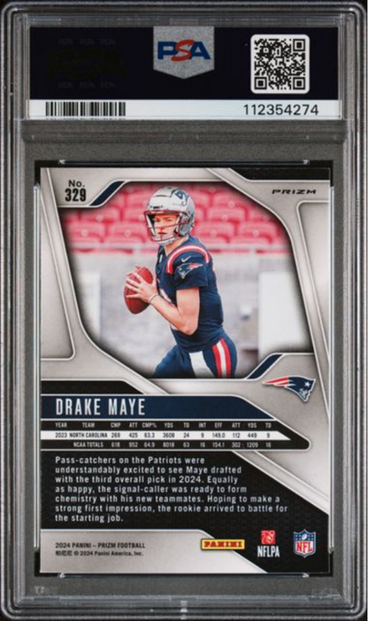 Graded 2024 Panini Prizm Drake Maye #329 Lazer Prizm Rookie RC Football Card PSA 10 Gem Mint