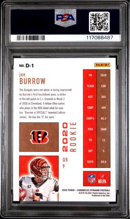 Graded 2020 Panini Chronicles Joe Burrow #D1 Dynagon Rookies Rookie RC Football Card PSA 10 Gem Mint
