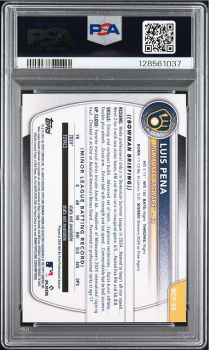 Graded 2025 Topps Bowman Mega Box Luis Pena #38 Prospects Fuschia Refractor /299 Rookie RC Baseball Card PSA 10 Gem Mint