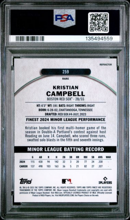 Graded 2025 Topps Finest Kristian Campbell #259 Refractor Rookie RC Baseball Card PSA 10 Gem Mint