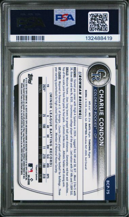 Graded 2025 Topps Bowman Charlie Condon #BCP75 Chrome Prospects Green Geometric /99 Rookie RC Baseball Card PSA 10 Gem Mint