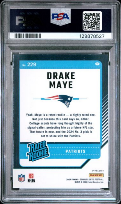 Graded 2024 Panini Donruss Optic Drake Maye #229 Green Hyper Rookie RC Football Card PSA 10 Gem Mint