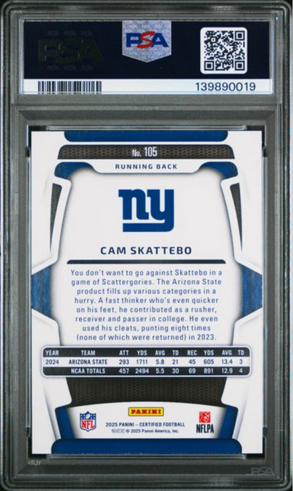 Graded 2025 Panini Certified Cam Skattebo #105 /499 Rookie RC Football Card PSA 10 Gem Mint