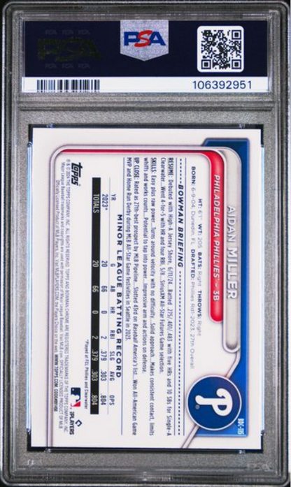 Graded 2024 Topps Bowman Draft Aidan Miller #BDC115 Chrome Sky Blue Refractor Rookie RC Baseball Card PSA 10 Gem Mint