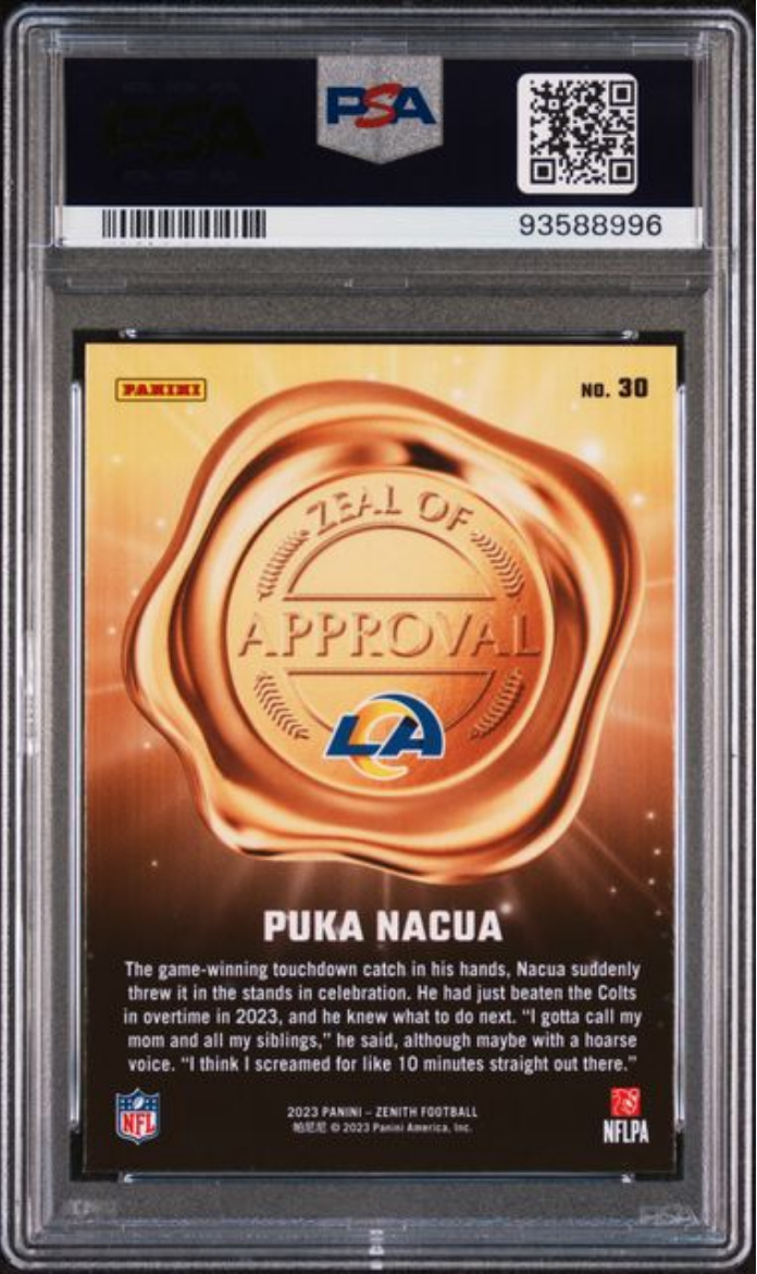 Graded 2023 Panini Zenith Puka Nacua #30 Zeal of Approval Blue Rookie RC Football Card PSA 10 Gem Mint