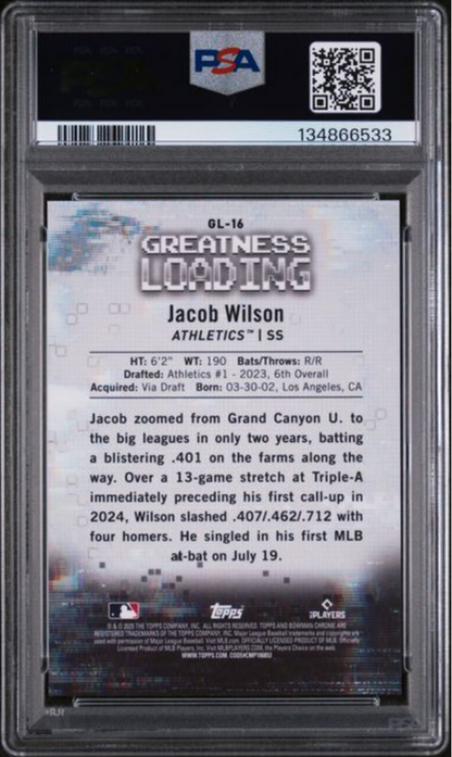 Graded 2025 Topps Bowman Jacob Wilson #GL16 Greatness Loading Green Refractor /99 Rookie RC Baseball Card PSA 10 Gem Mint