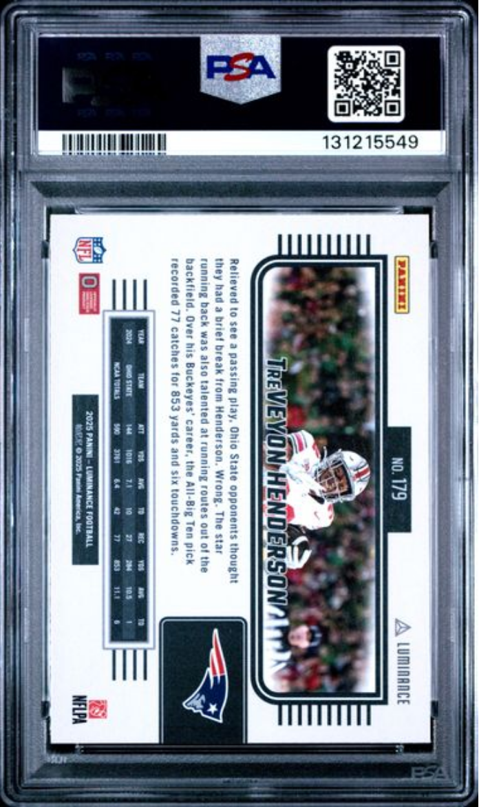 Graded 2025 Panini Luminance TreVeyon Henderson #179 Rookie RC Football Card PSA 10 Gem Mint