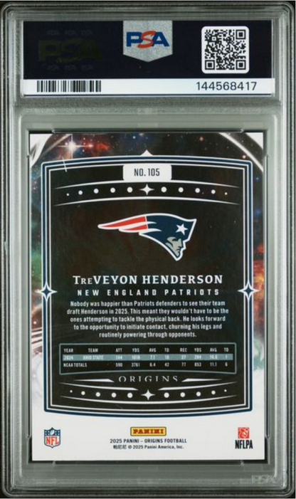 Graded 2025 Panini Origins TreVeyon Henderson #105 Holo Orange /249 Rookie RC Football Card PSA 10 Gem Mint