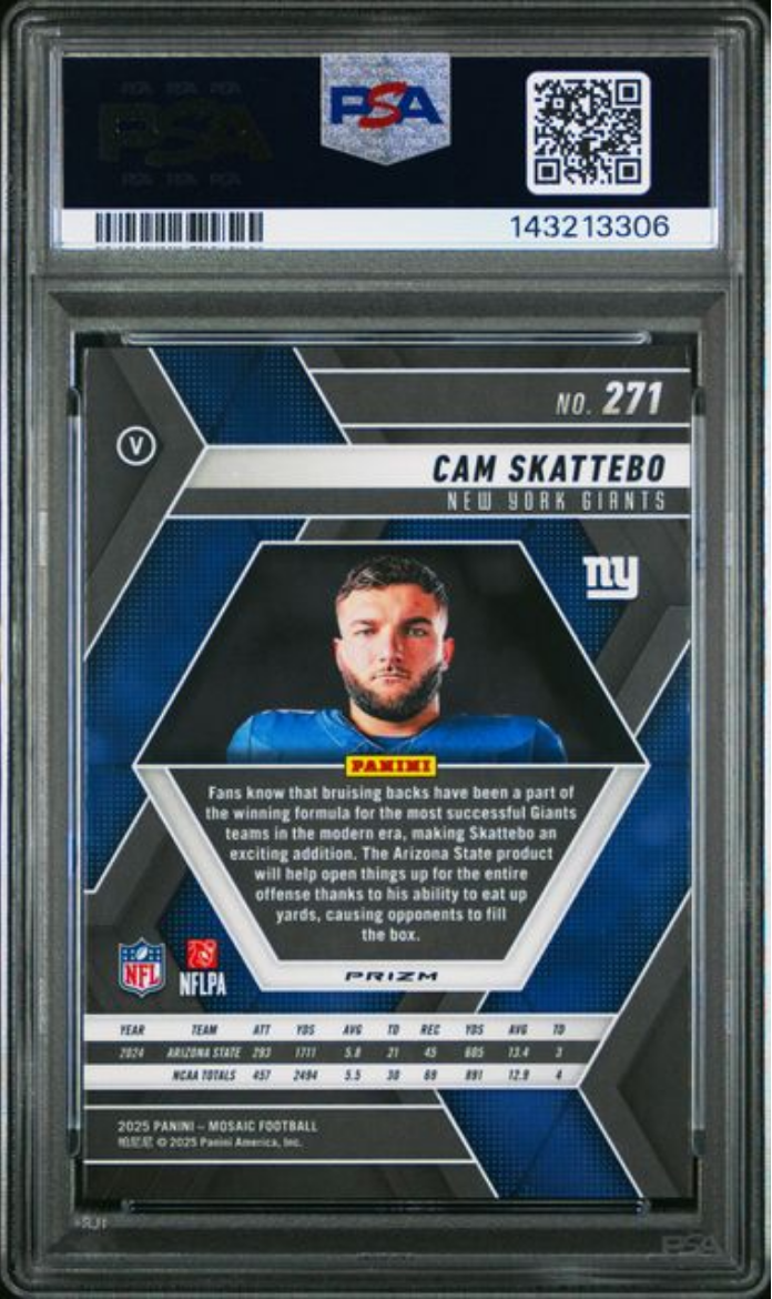 Graded 2025 Panini Mosaic Cam Skattebo #271 Reactive Blue Rookie RC Football Card PSA 10 Gem Mint
