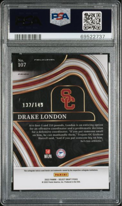 Graded 2022 Panini Select Draft Picks Drake London #107 Red Prizm /149 Rookie RC Football Card PSA 10 Gem Mint