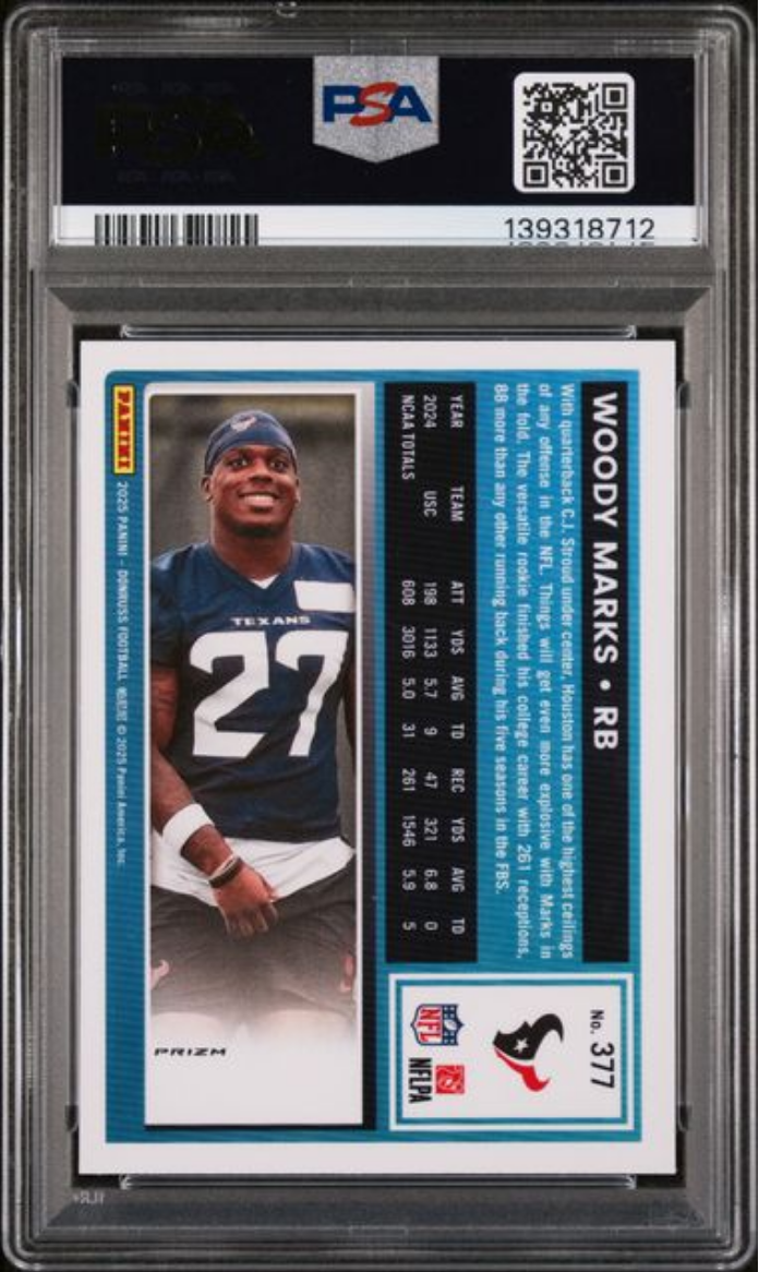 Graded 2025 Panini Donruss Woody Marks #377 Optic Preview Red Pandora Rookie RC Football Card PSA 10 Gem Mint