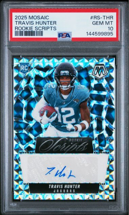Graded 2025 Panini Mosaic Travis Hunter #RS-THR Rookie Scripts Rookie RC Football Card PSA 10 Gem Mint
