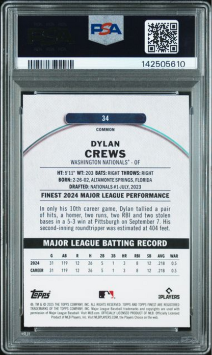 Graded 2025 Topps Finest Dylan Crews #34 Purple Checkerboard /150 Rookie RC Baseball Card PSA 10 Gem Mint