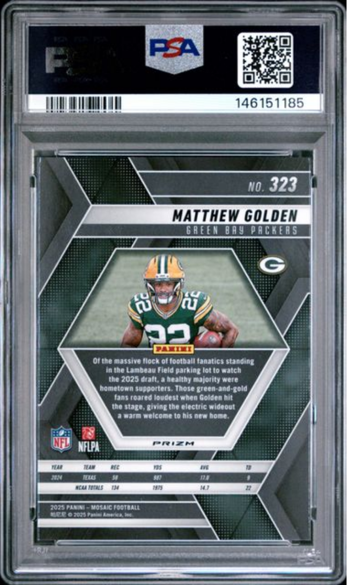 Graded 2025 Panini Mosaic Matthew Golden #323 Reactive Yellow Rookie RC Football Card PSA 10 Gem Mint