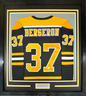 Framed Autographed/Signed Patrice Bergeron 35x39 Boston Black Hockey Jersey JSA COA