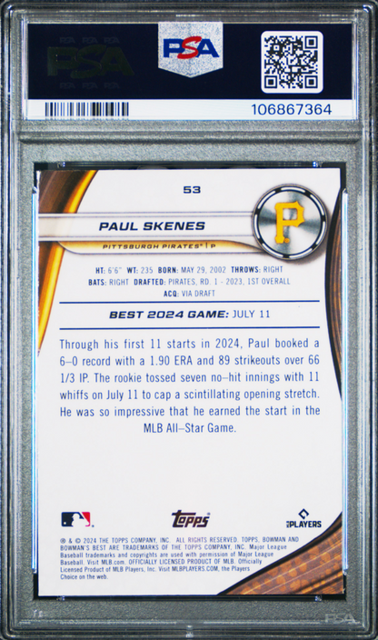 Graded 2024 Topps Bowmans Best Paul Skenes #53 Rookie RC Baseball Card PSA 10 Gem Mint