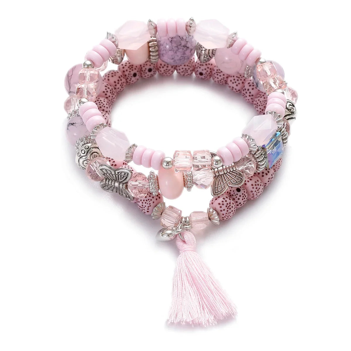 3pcs Boho Bohemian Pink Butterfly Pendant Charm Beads Bracelets Set For Women Stone Wristband Bracelet Bangles Pulseras Feminina