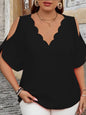 Elegant Off-Shoulder Wave V-Neck T-Shirt - Solid Color Plus Size Women's Blouse, Fashion Casual Short Sleeve Summer Top
