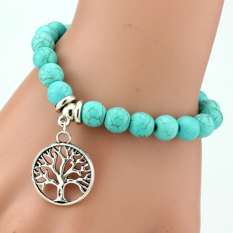 FTCY Women Bohemian Beaded Bracelet Fashion Turquoise Natural Stone Anti-Stress Yoga Geometric Pendant Elastic Cord Hand Chains