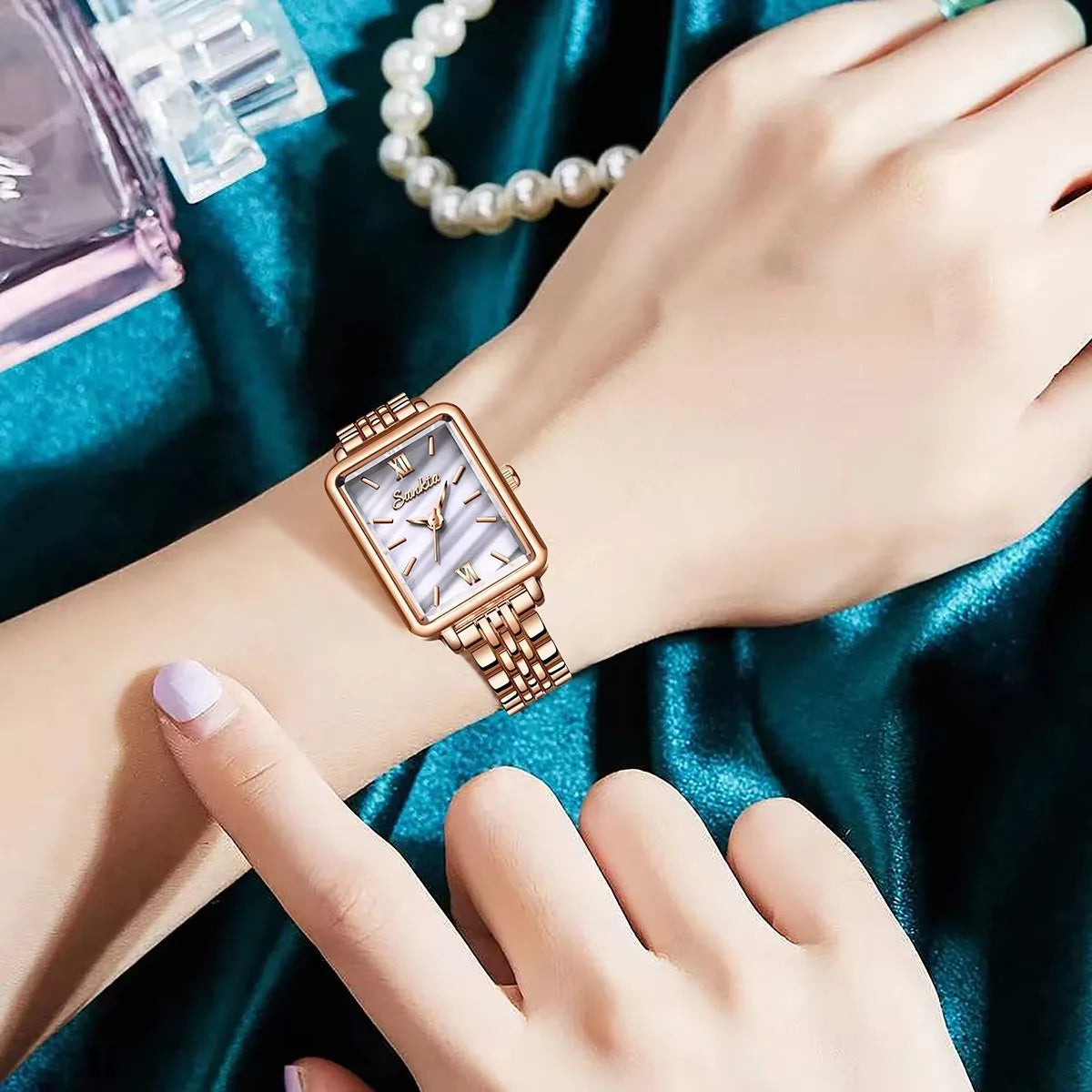 Women's Rectangular Pearl-Effect Dial Watch