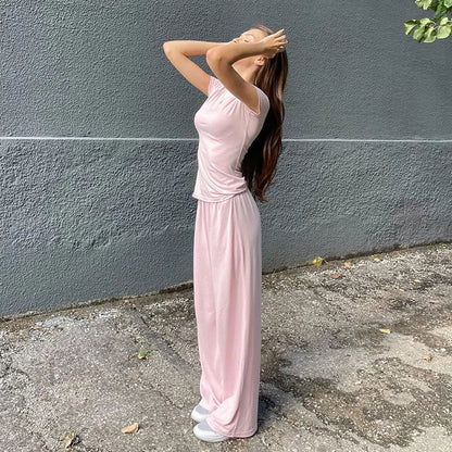 Casual Long Pants Suits Women O-Neck Short Sleeve T-Shirt Elastic