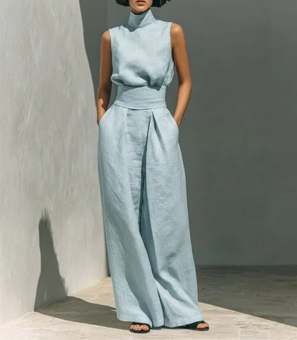 Casual Solid Cotton Linen Two-Piece Set for Women Sleeveless