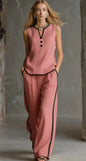 Casual Women Color Blocking Loose Sleeveless Button Vest Elastic Waist Wide-leg Pants Two Peice Set Summer V-Neck Ladies Outfit