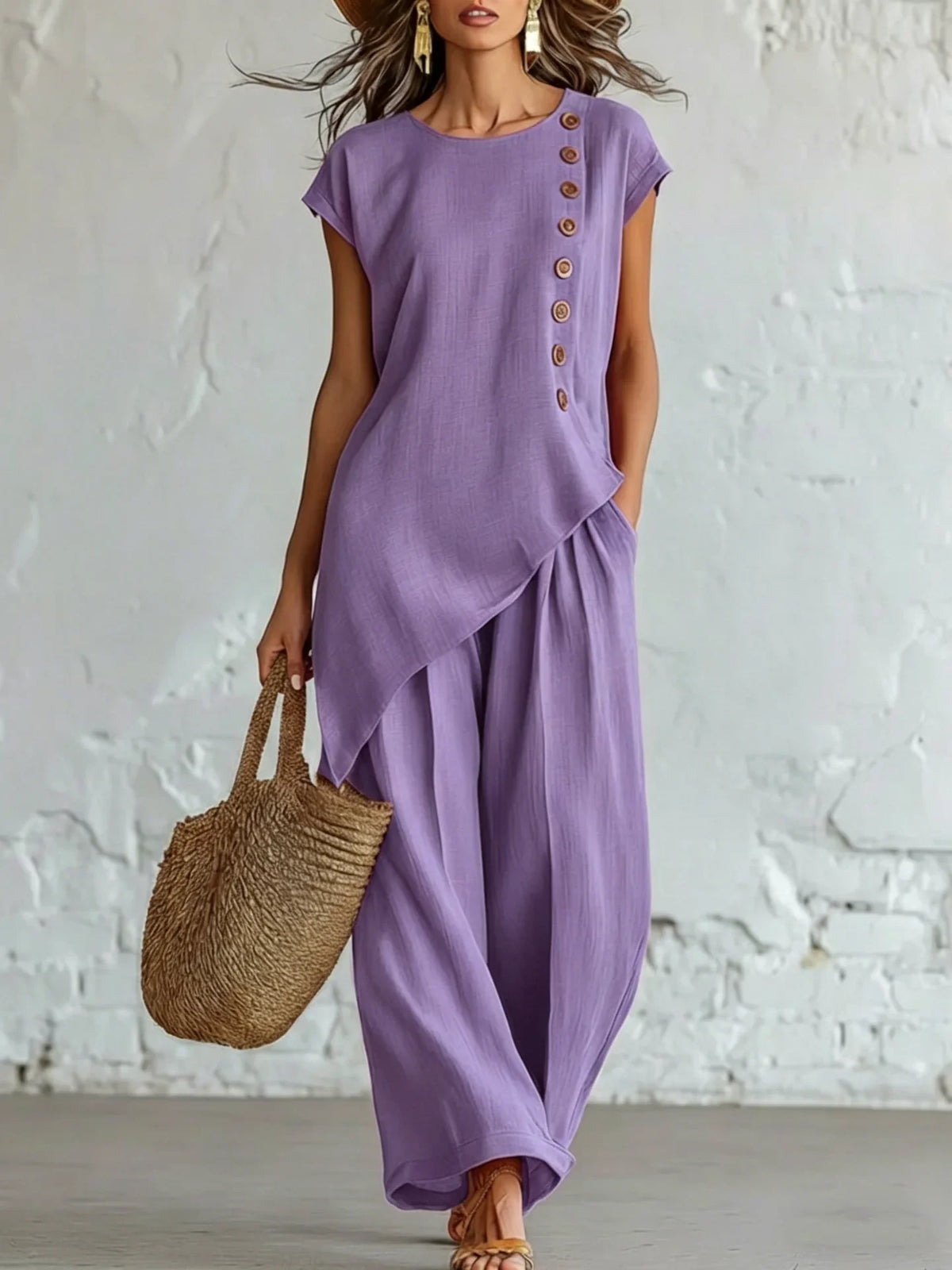 Women 2 Piece Set Elastic Waist Pocket Button Decorate Wide Leg
