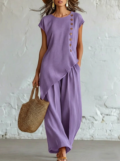 Women 2 Piece Set Elastic Waist Pocket Button Decorate Wide Leg
