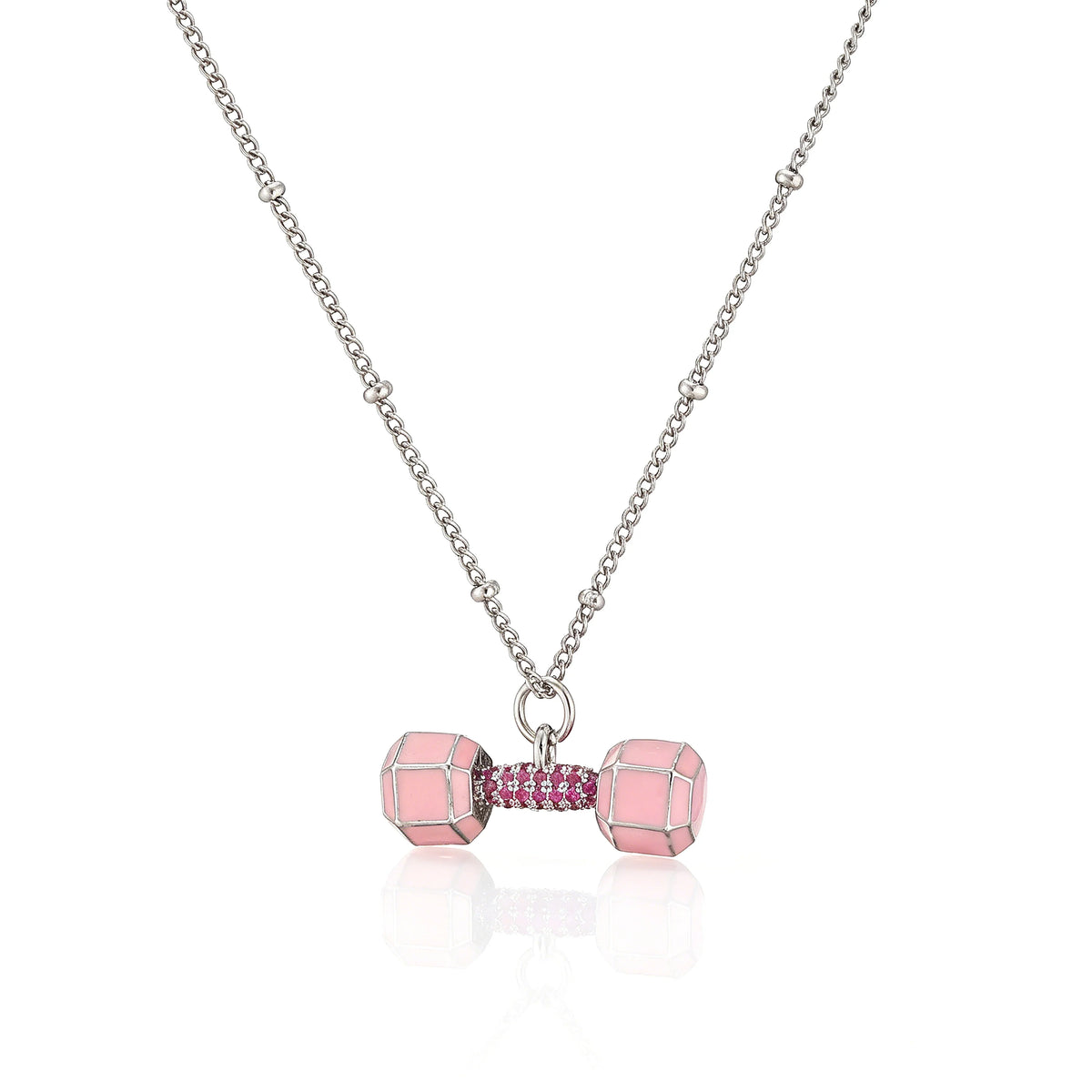 Small Dumbbell Pink Zirconia Charm Pendant Necklace Delicate Sweet Women's Jewelry Necklace, Enameled Gold-Plated Brass Jewelry