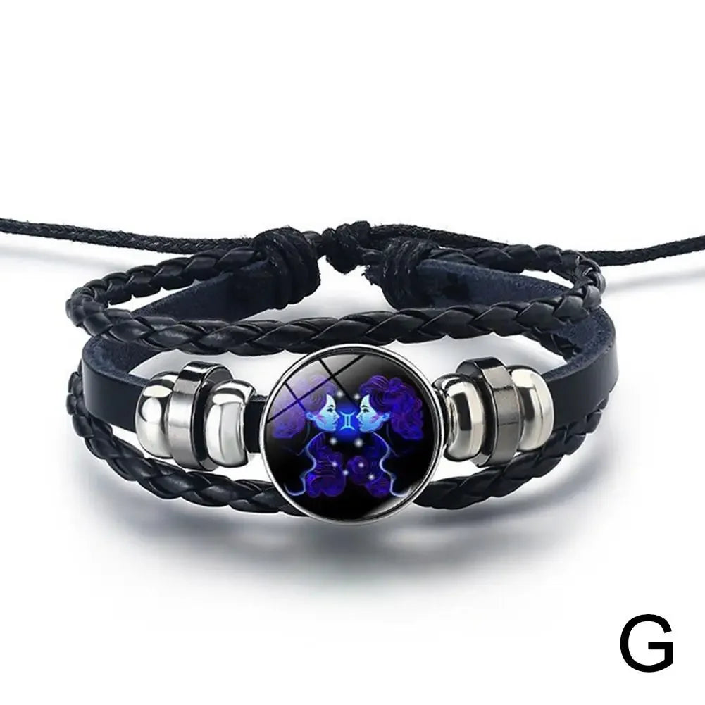 12 Constellation Gem Leather Bracelet Men Women Glass Bracelet