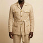 Mens Off White Linen Safari Suits 2 Piece Notched Lapel Prom Suit with Belt Gold Buttons Multi Pockets Beach Summer Wedding