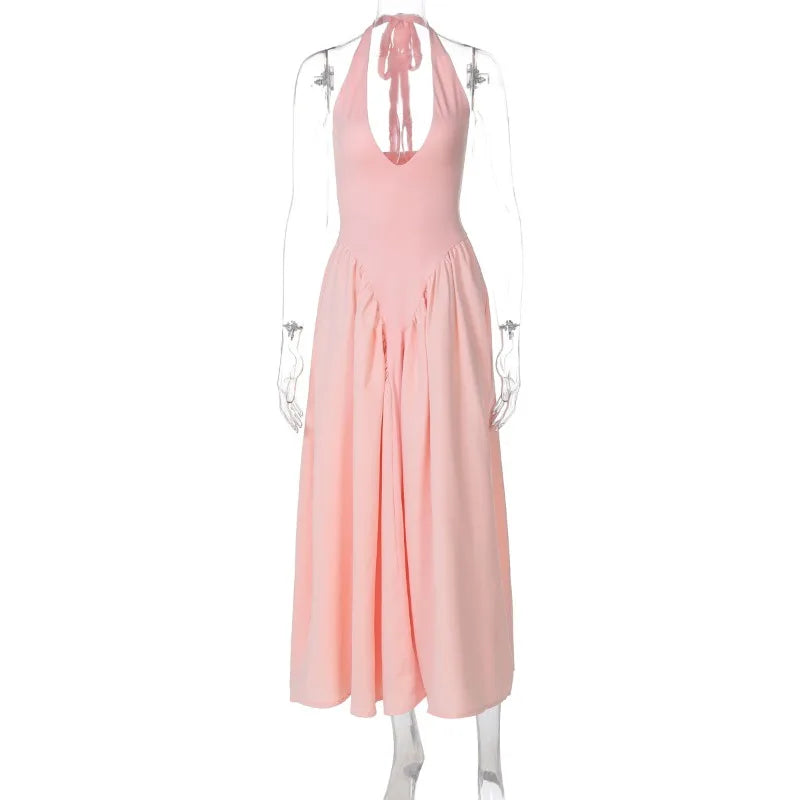 Talenza Backless Deep V Spliced Long Dress Summer Women's Sexy Party Dress Halter New Fashion Slim White Sleeveless Long Dress