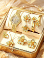 Ladies round Shell Embedded Quartz Watch Set with Floral Bracelet Necklace Ring Bracelet Earring - Festive Gift