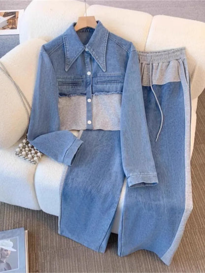 Blue Patchwork Pants Sets Women Fashion Long Sleeve Single-Breasted
