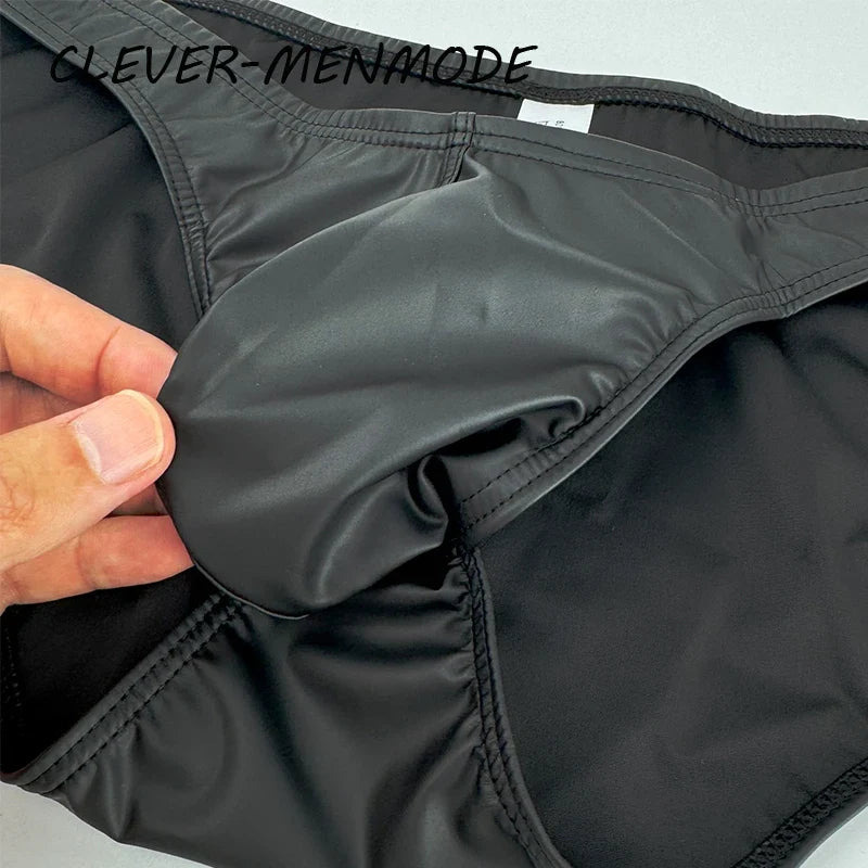 Men's Sexy PU Glossy Finish Briefs Ultra Low Faux Leather Underwear Bulge Penis Pouch Underpants U Convex Bikini Exotic Costume