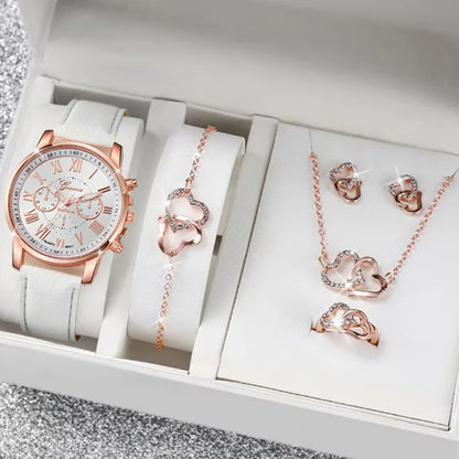 Fashion Women's Quartz Watch Leather Band Analog Wrist Watches Heart Rhinestone Jewelry Set(With Exquisite Gift Box)