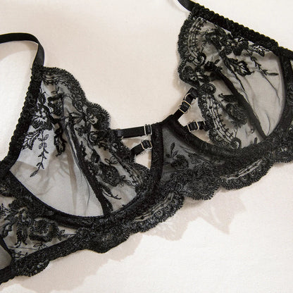 Embroidery Lingerie 3Pcs Sets Ultrathin Mesh Patchwork See Through Bras And Thongs Garter Suits Erotic Intimate Sexy Underwear