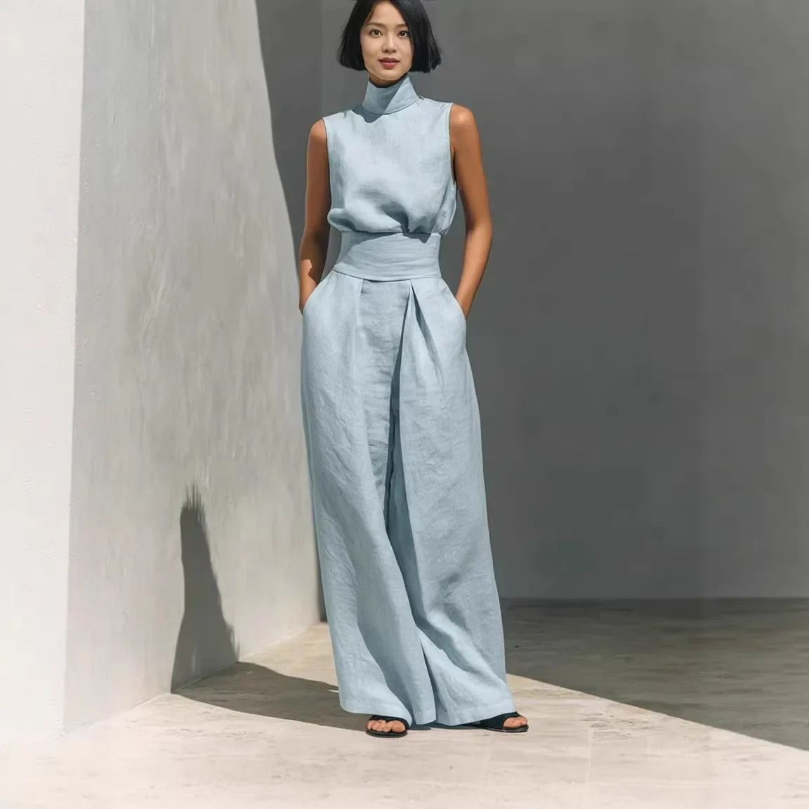 Women 2 Piece Outfit, Sleeveless High Neck Blouse & High Waist Wide