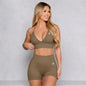 Bum 2PCS Seamless Yoga Set Women Blossom Bra + V-Back Shorts Gym