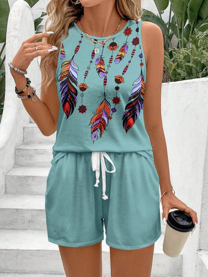 Retro Print Women's Tank & Shorts Set