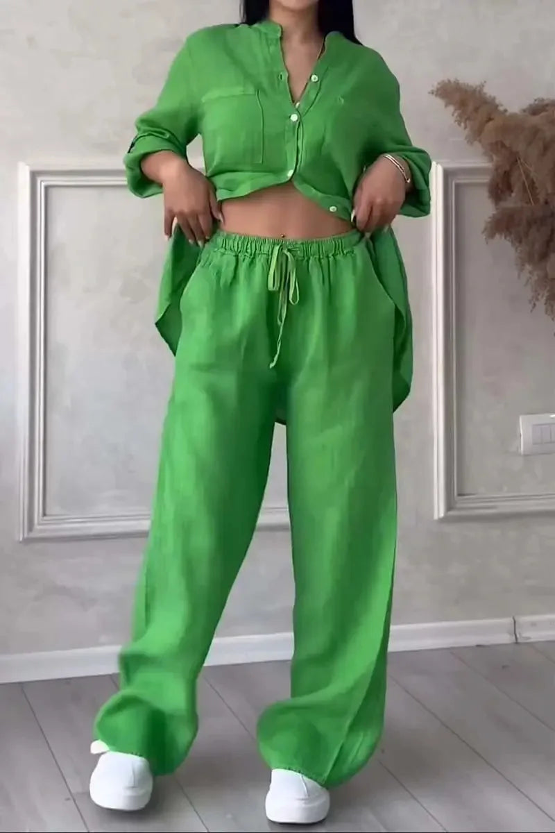Autumn Cotton and Linen Pant Sets Women Fashion Long Sleeve Shirts