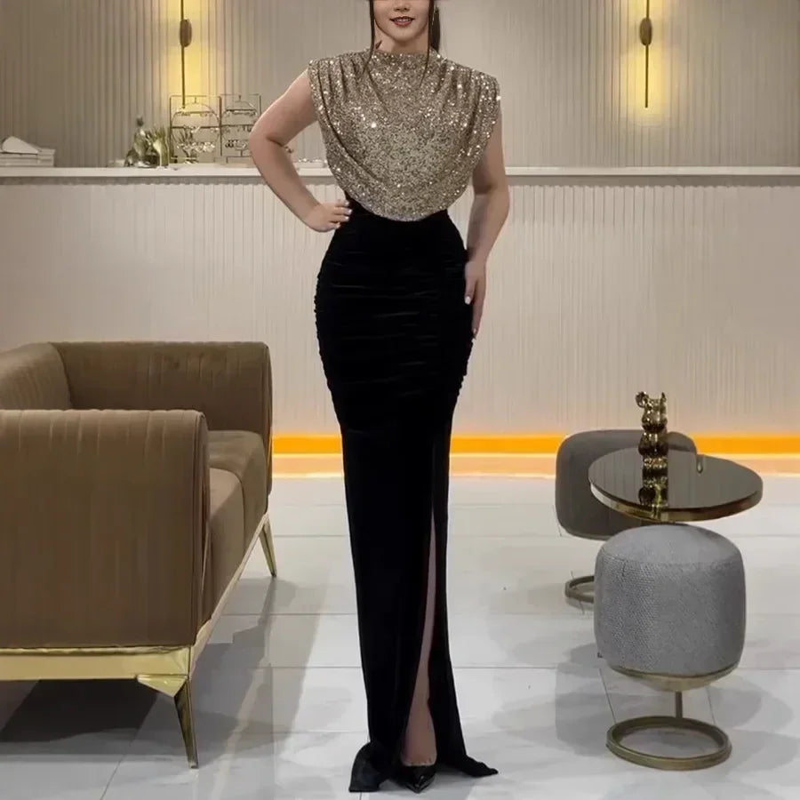 Lady Fashion Sleeveless Draped Split Dress Casual O Neck Sequin Splicing Party Dress 2025 New Year Elegant High Waist Long Dress