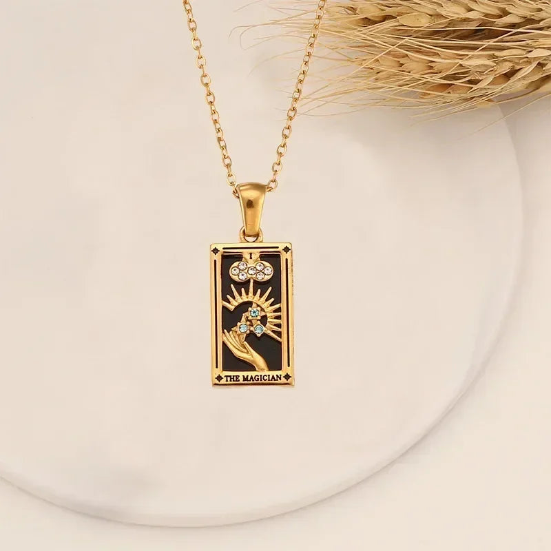 YILUOCD Original Zirconia Tarot Card Necklace Classic Tarot Queen Lover Magician Moon Wealth Amulet Stainless Steel Jewelry