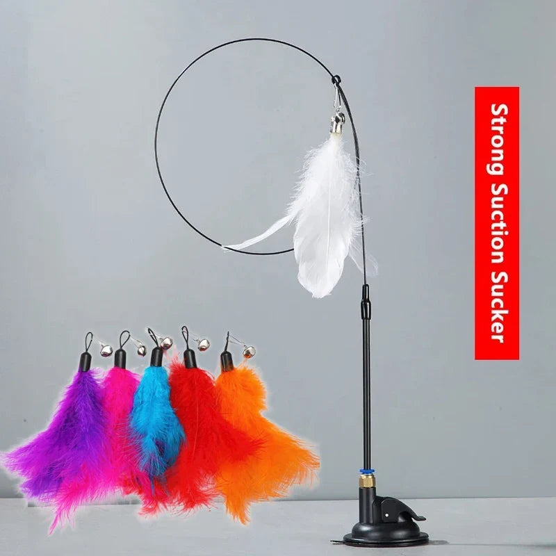 Cat Teaser Toy Cat Teaser Pole With Feather Bell Extended Rod Suction Cup Durable Bite Teaser Stick Replaceable Feather Head