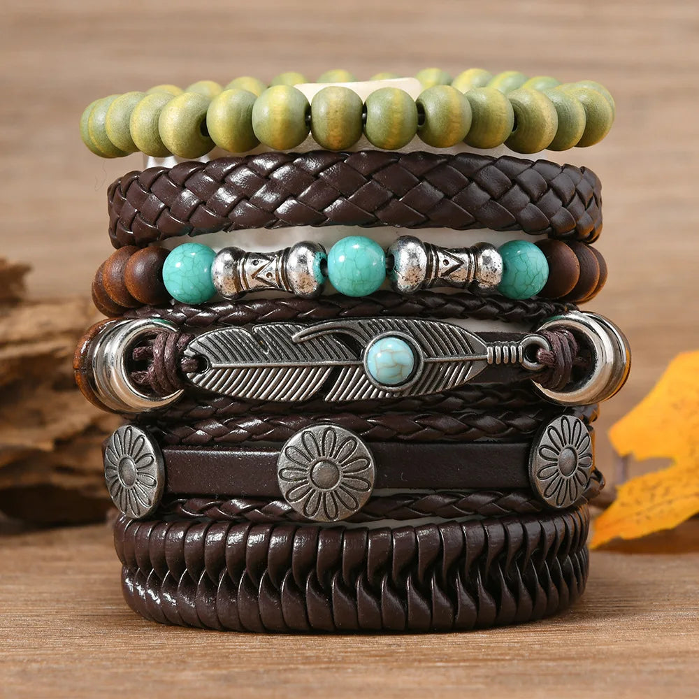 Bohemia Turquoise Ethnic Men’s Leather Bracelets Vintage Multi Layer Flower Leaves Wooden Beads Braided Leather Bracelets