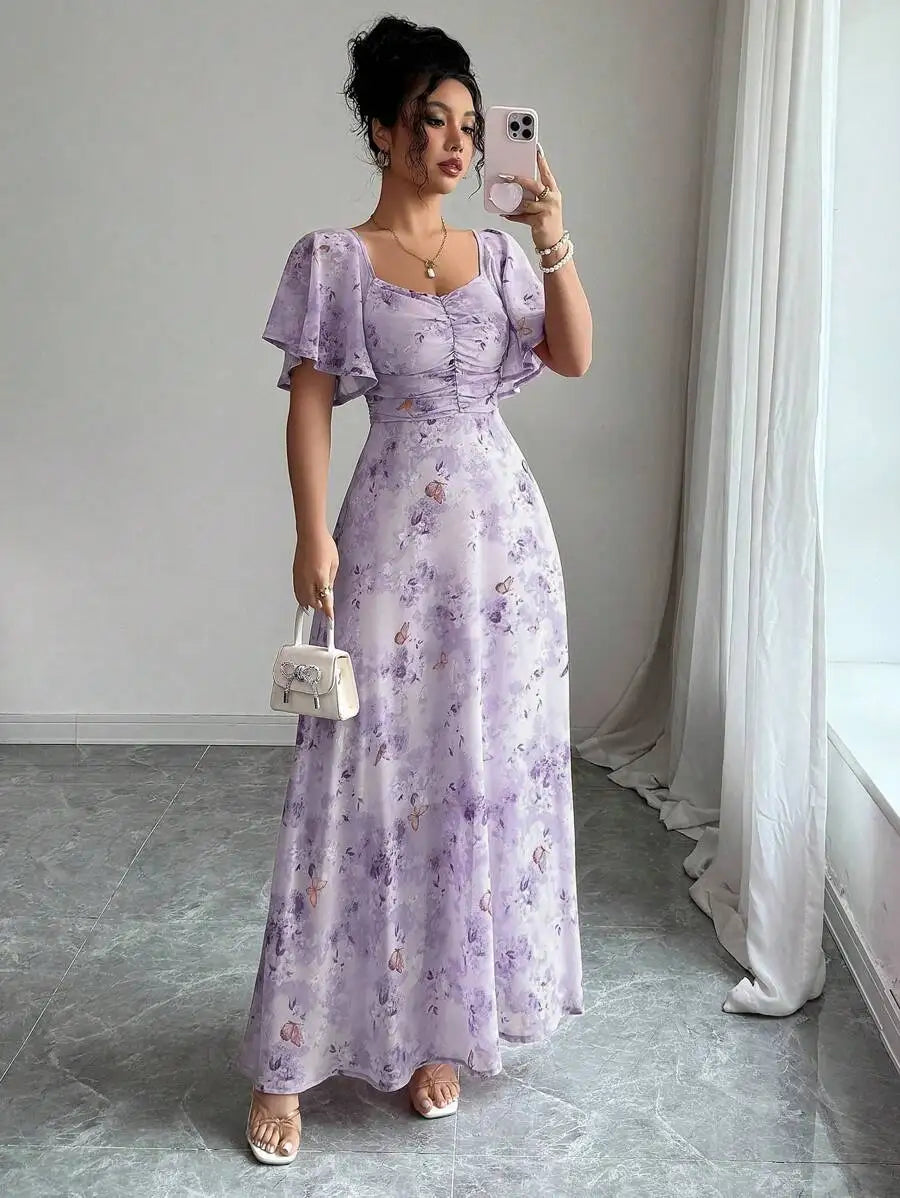 Women's Sweet French Style Mini Dress with Purple Butterfly Print, Batwing Sleeves & Back Zipper