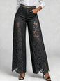 Women High Waist Lace Spliced Wide Leg Denim Jeans Loose Flowy Casual Daily Trousers