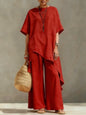 Women Cotton Linen Pant Sets 2 Pieces Casual Half Sleeve Solid Loose Irregular Blouse Elastic Waist Wide Leg Full Trousers Suits